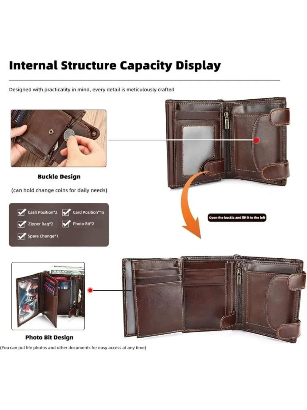Men's RFID Blocking Leather Trifold Wallet - Coffee Color, 15 Card Slots, Coin